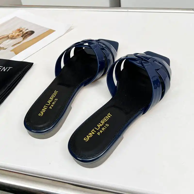 Cheap Saint Laurent Tribute Slides Women Patent Leather Navy Blue