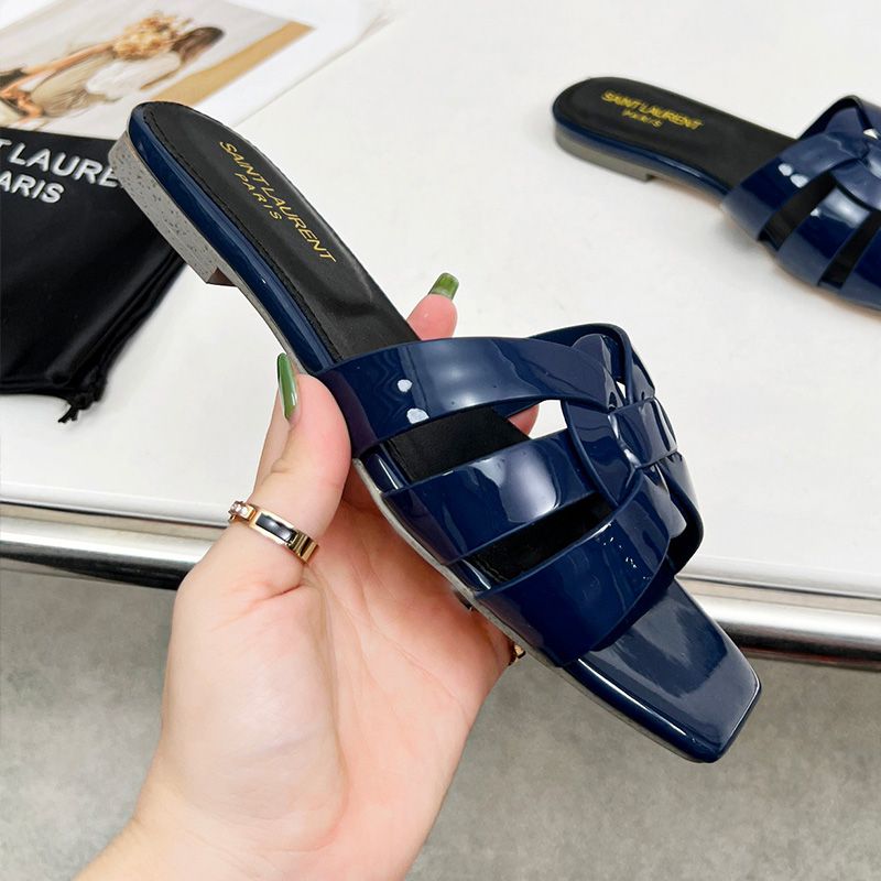 Saint Laurent Tribute Slides Women Patent Leather Navy Blue