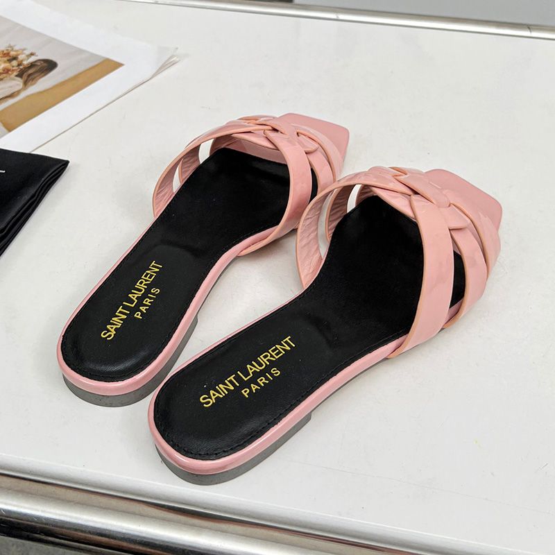 Saint Laurent Tribute Slides Women Patent Leather Pink