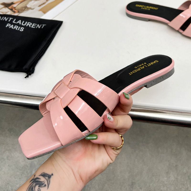 Saint Laurent Tribute Slides Women Patent Leather Pink