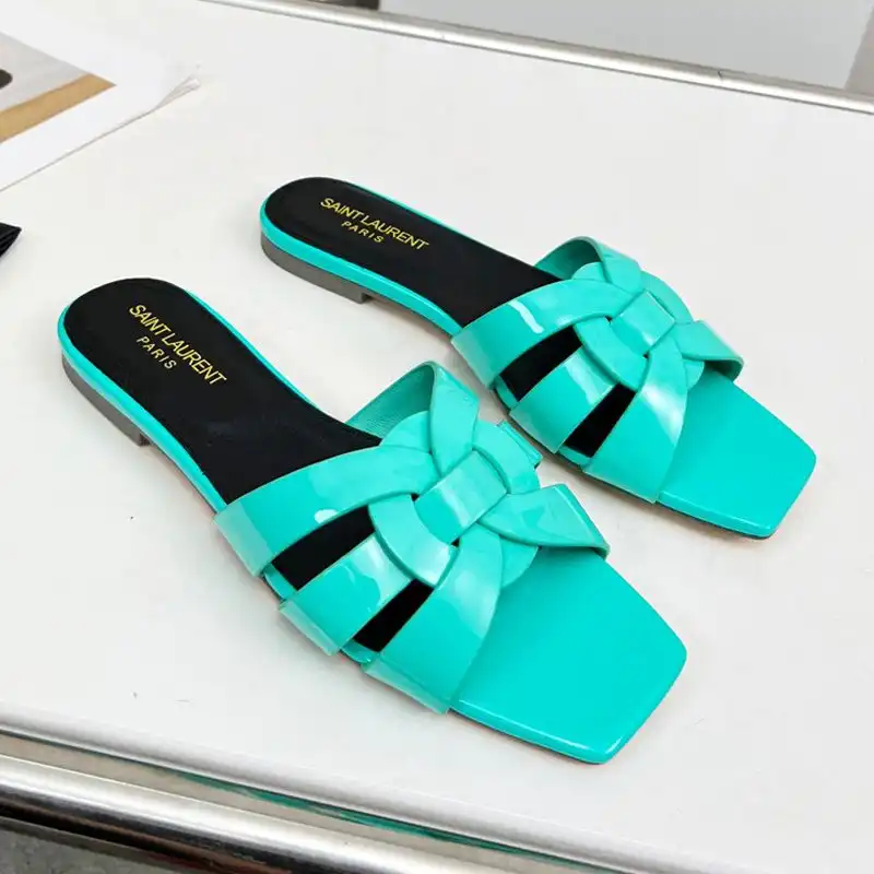 Saint Laurent Tribute Slides Women Patent Leather Teal