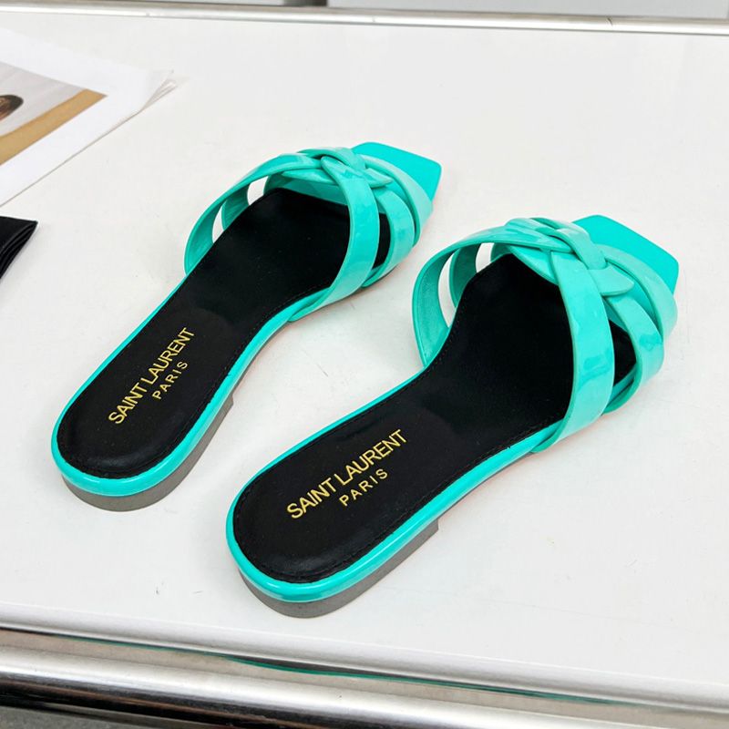 Saint Laurent Tribute Slides Women Patent Leather Teal