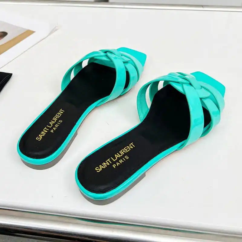 Cheap Saint Laurent Tribute Slides Women Patent Leather Teal