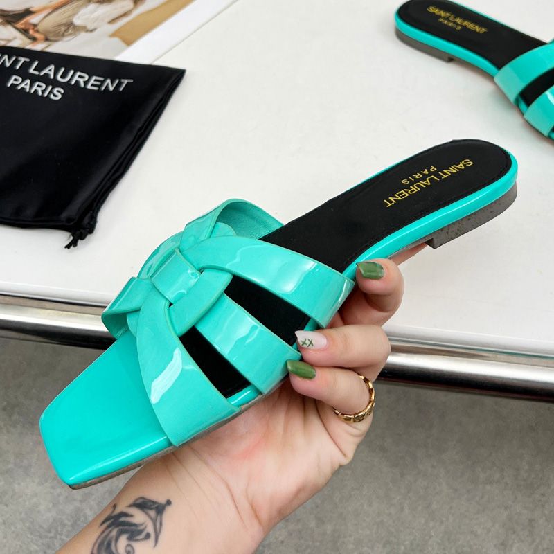 Saint Laurent Tribute Slides Women Patent Leather Teal