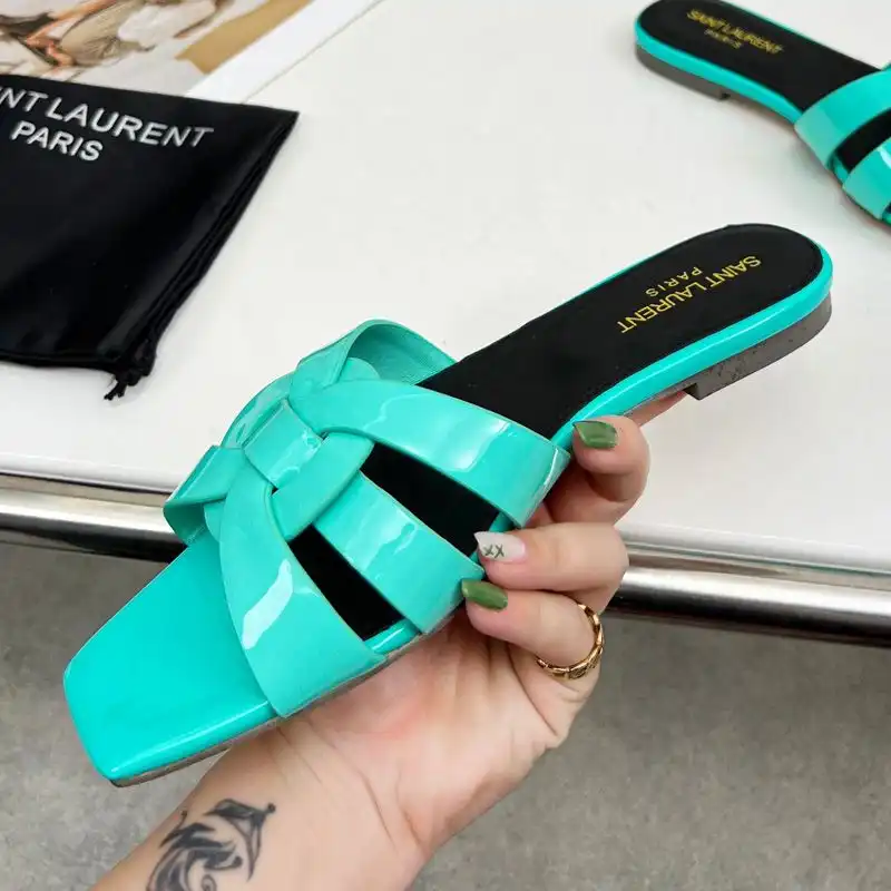 Cheap Saint Laurent Tribute Slides Women Patent Leather Teal