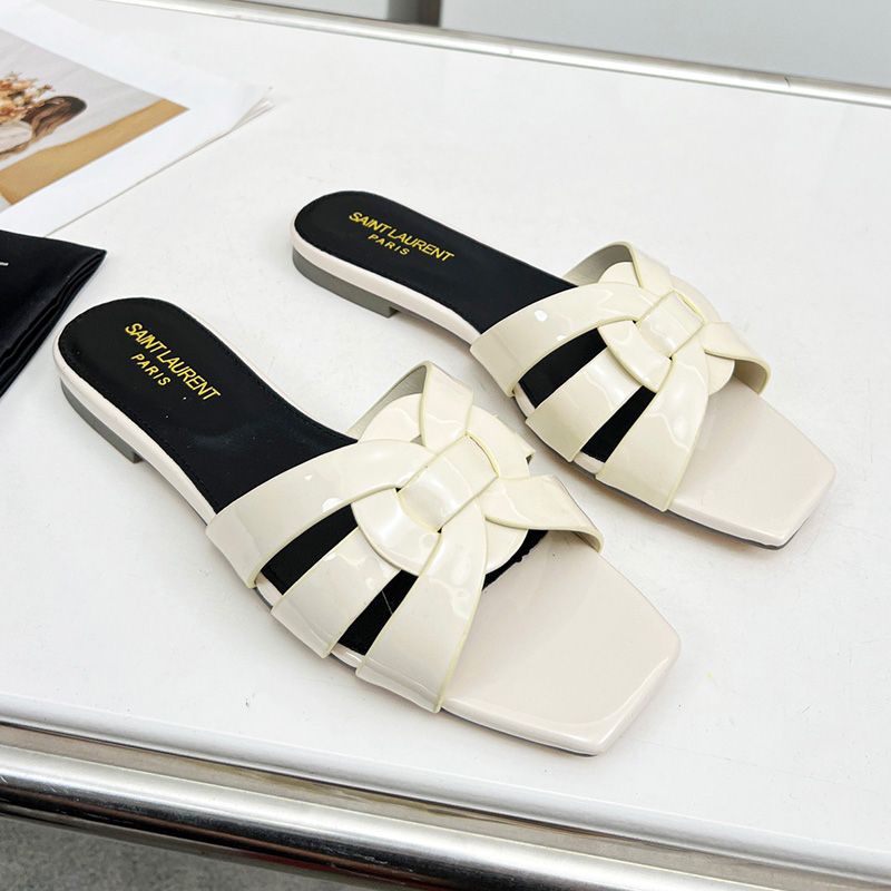 Saint Laurent Tribute Slides Women Patent Leather White