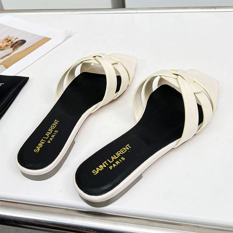 Saint Laurent Tribute Slides Women Patent Leather White