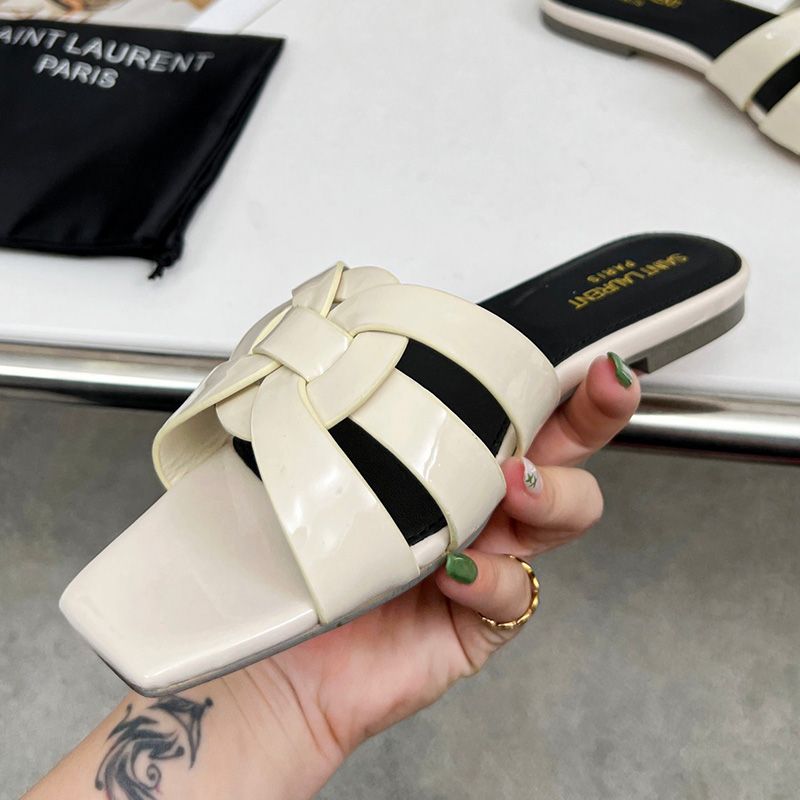 Saint Laurent Tribute Slides Women Patent Leather White