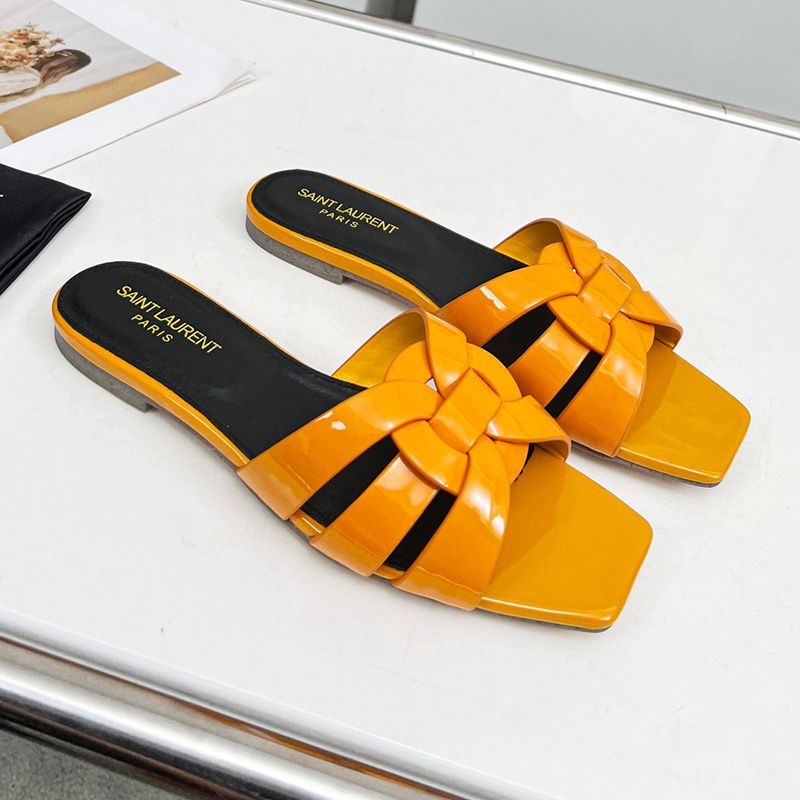 Saint Laurent Tribute Slides Women Patent Leather Yellow