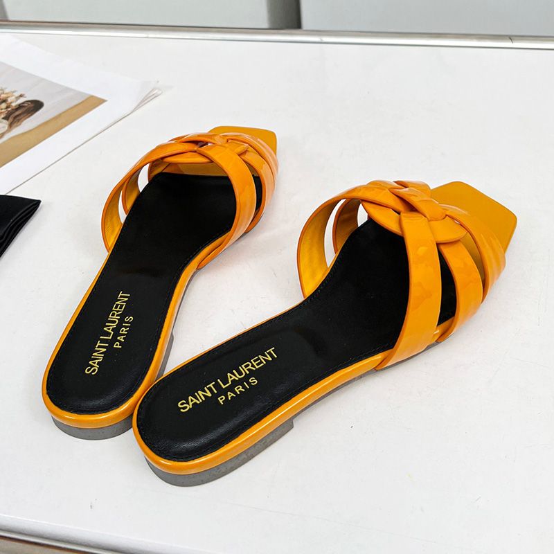 Saint Laurent Tribute Slides Women Patent Leather Yellow