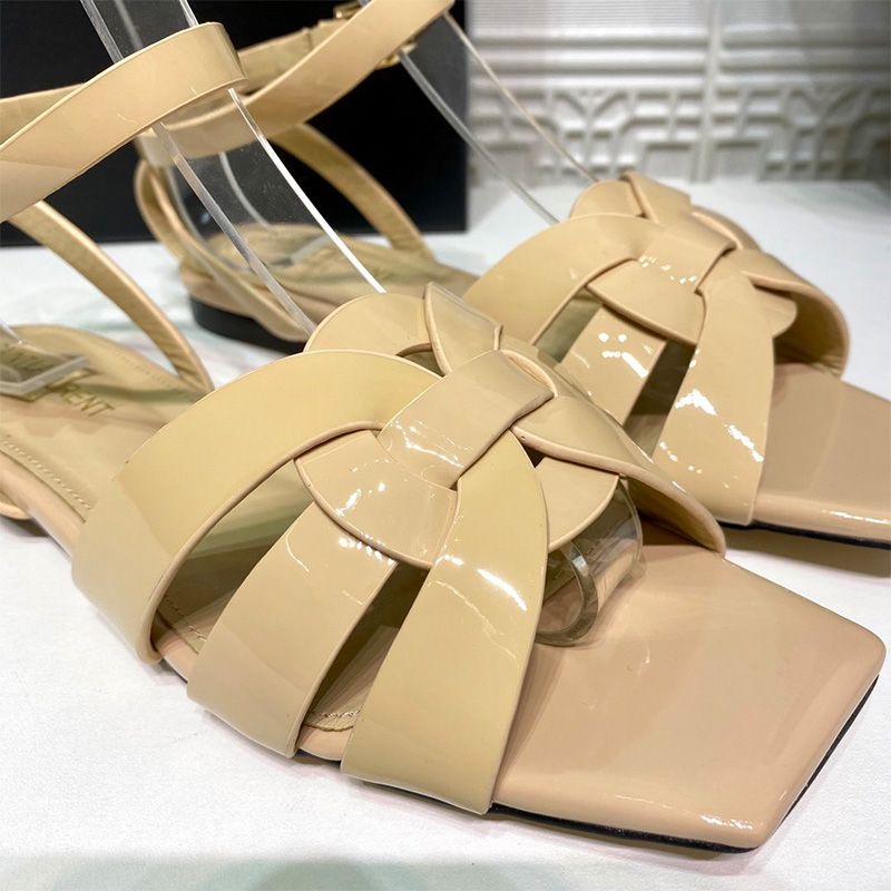 Saint Laurent Tribute Flat Sandals Women Patent Leather Beige