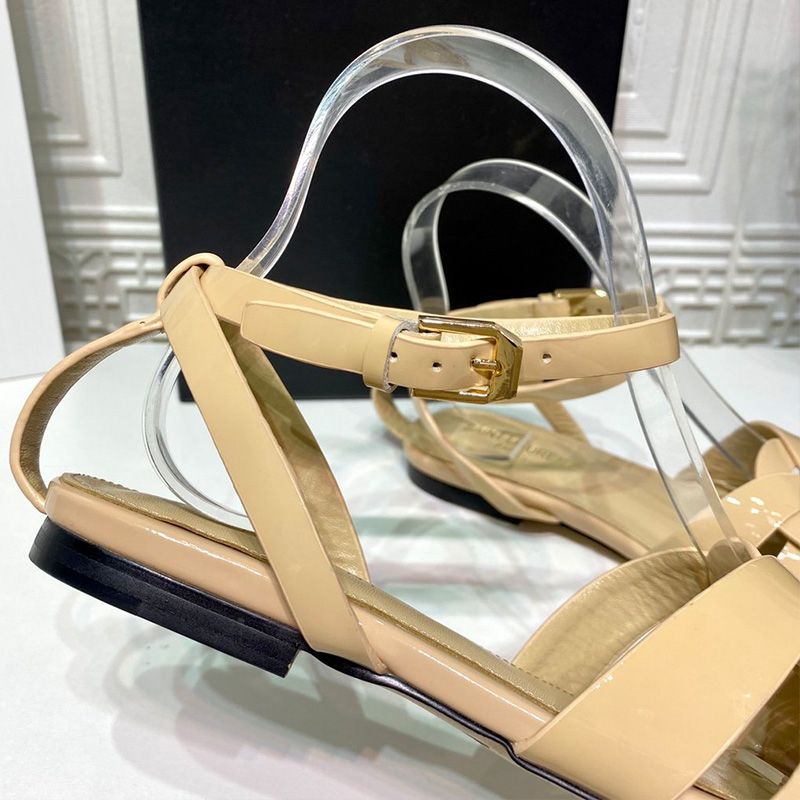 Saint Laurent Tribute Flat Sandals Women Patent Leather Beige