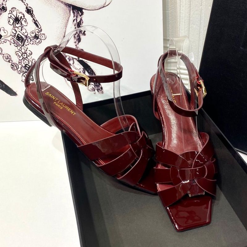 Saint Laurent Tribute Flat Sandals Women Patent Leather Burgundy