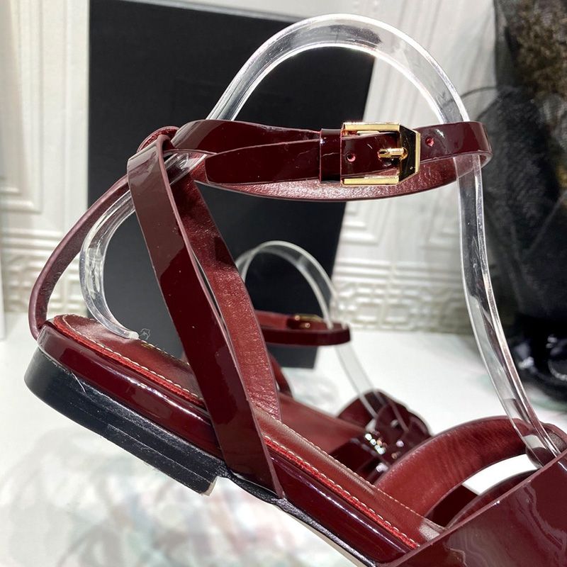 Saint Laurent Tribute Flat Sandals Women Patent Leather Burgundy