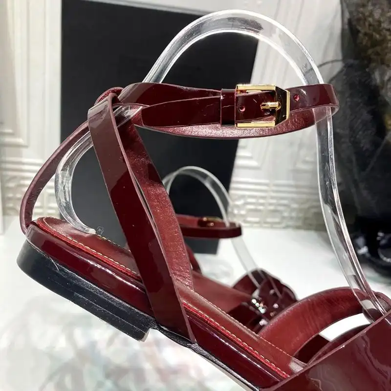 CHEAP Saint Laurent Tribute Flat Sandals Women Patent Leather Burgundy