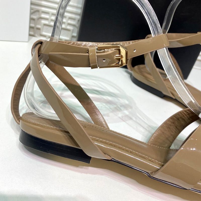 Saint Laurent Tribute Flat Sandals Women Patent Leather Khaki