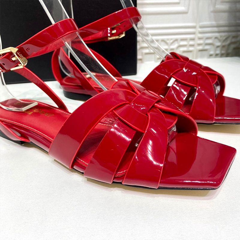 Saint Laurent Tribute Flat Sandals Women Patent Leather Red