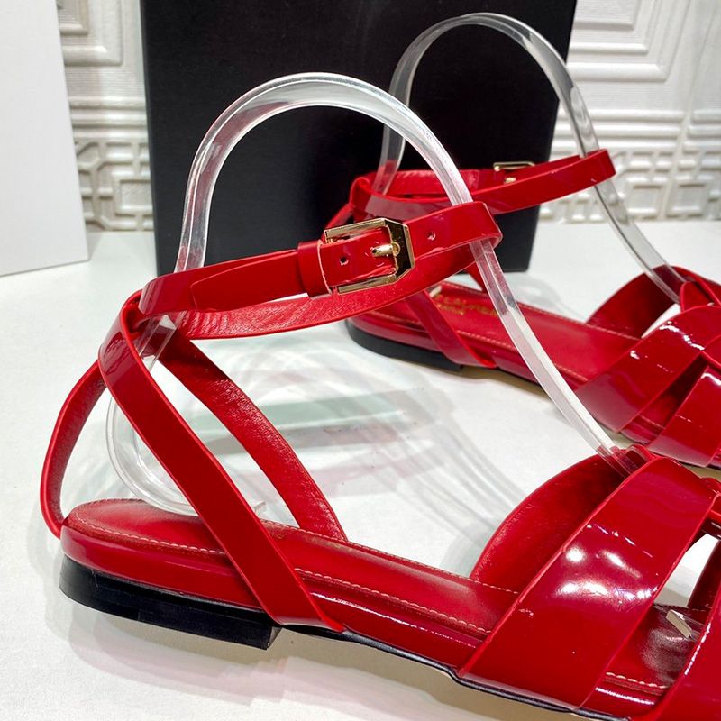 Saint Laurent Tribute Flat Sandals Women Patent Leather Red