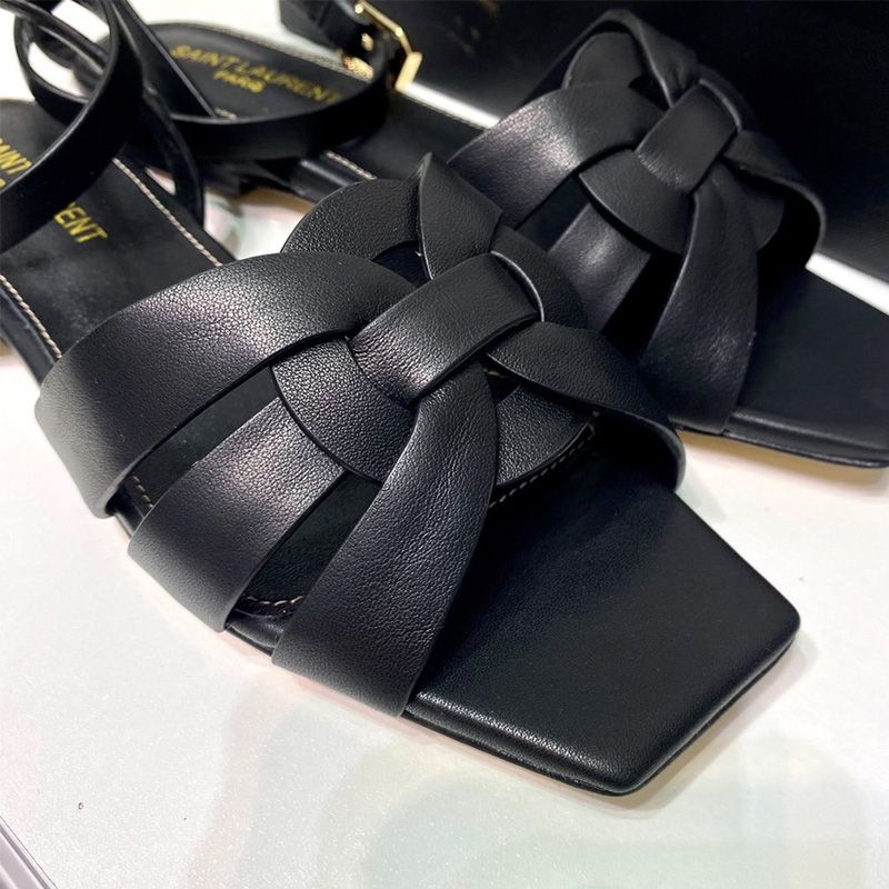 Saint Laurent Tribute Flat Sandals Women Smooth Leather Black