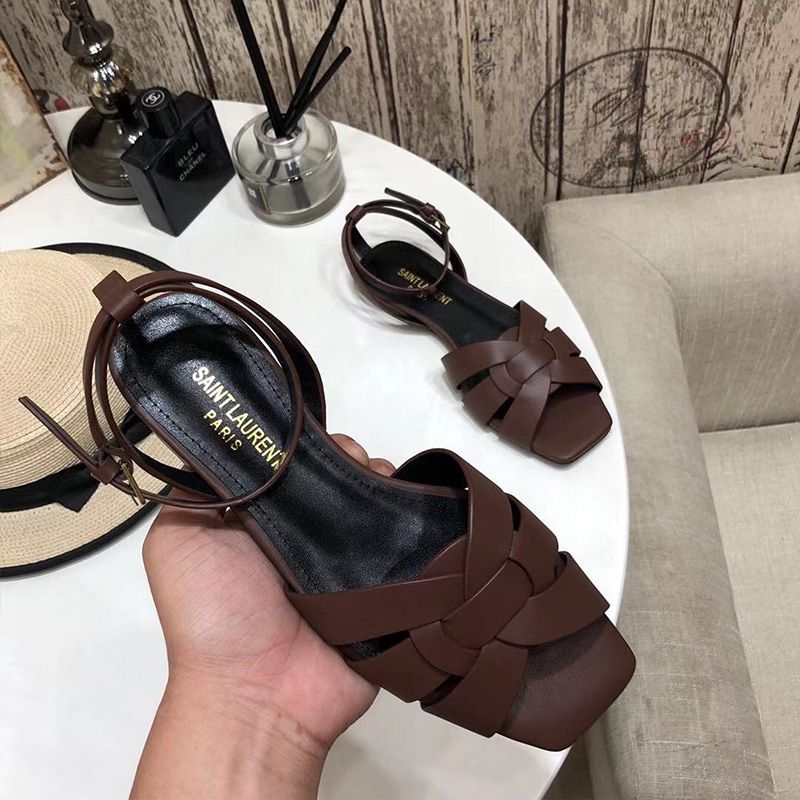 Saint Laurent Tribute Flat Sandals Women Smooth Leather Burgundy