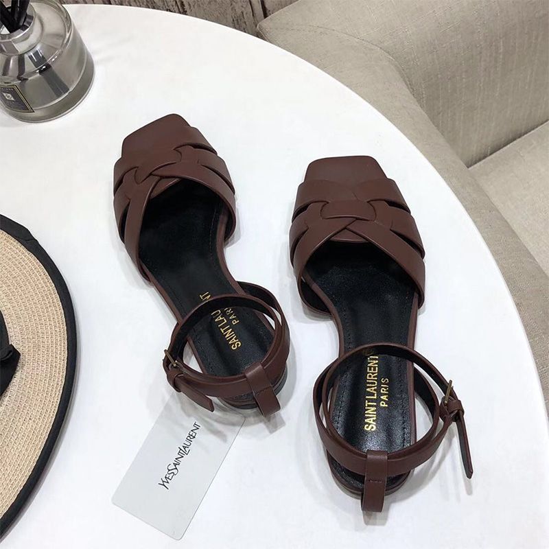 Saint Laurent Tribute Flat Sandals Women Smooth Leather Burgundy