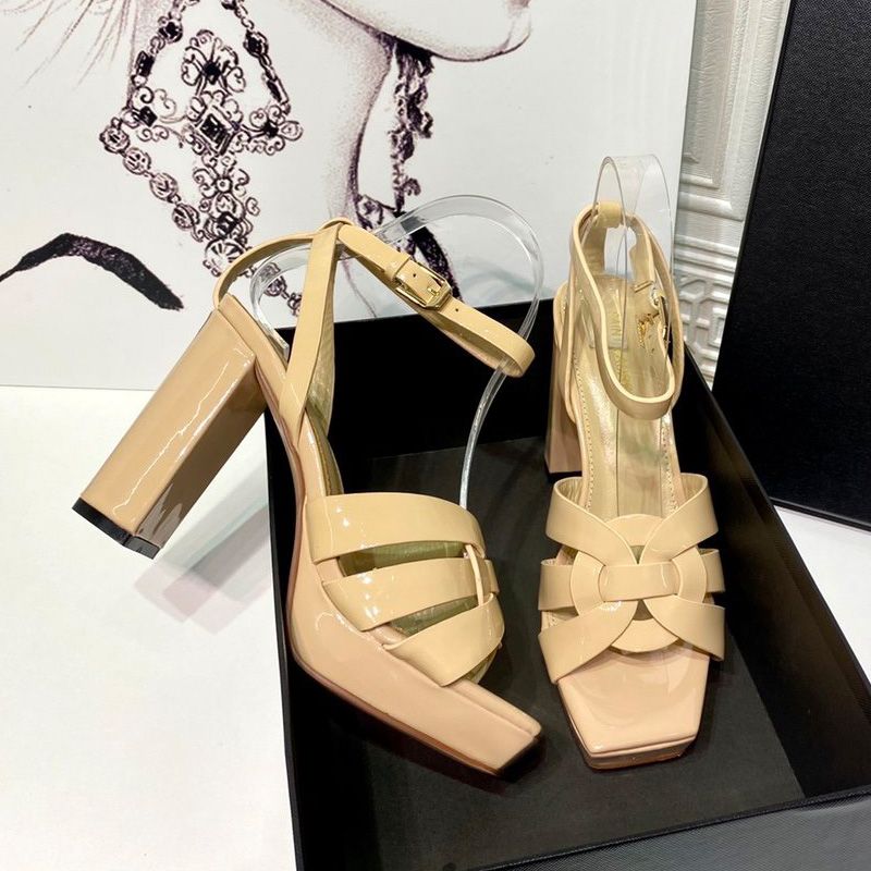 Saint Laurent Tribute Platform Sandals Women Patent Leather Beige