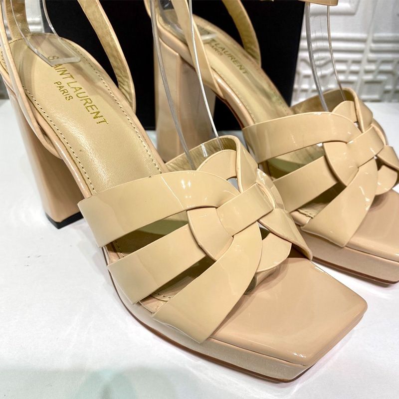 Saint Laurent Tribute Platform Sandals Women Patent Leather Beige