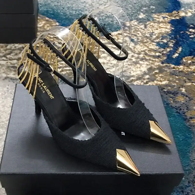 Saint Laurent Vesper Slingback Pumps with Chains Strap Women Tweed and Leather Black Gold