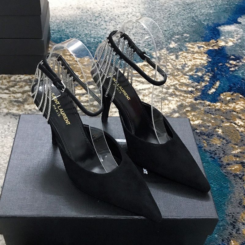 Saint Laurent Vesper Slingback Pumps with Chains Strap Women Tweed and Leather Black Silver