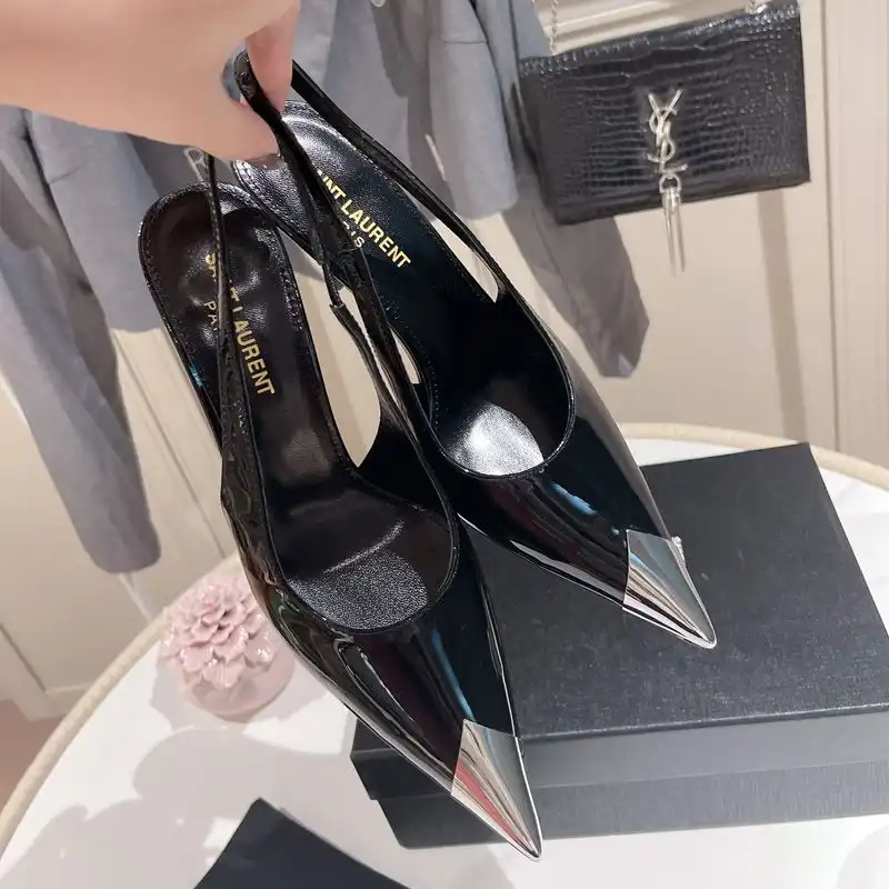 CHEAP Saint Laurent Vesper Slingback Pumps Women Patent Leather Black Silver