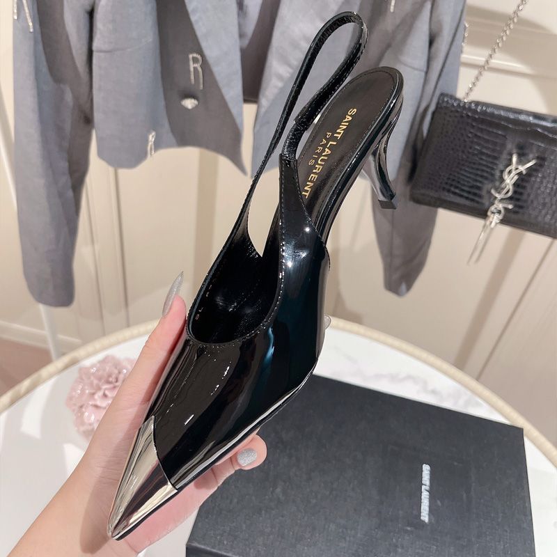 Saint Laurent Vesper Slingback Pumps Women Patent Leather Black Silver