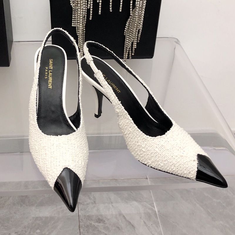 Saint Laurent Vesper Slingback Pumps Women Tweed and Leather White