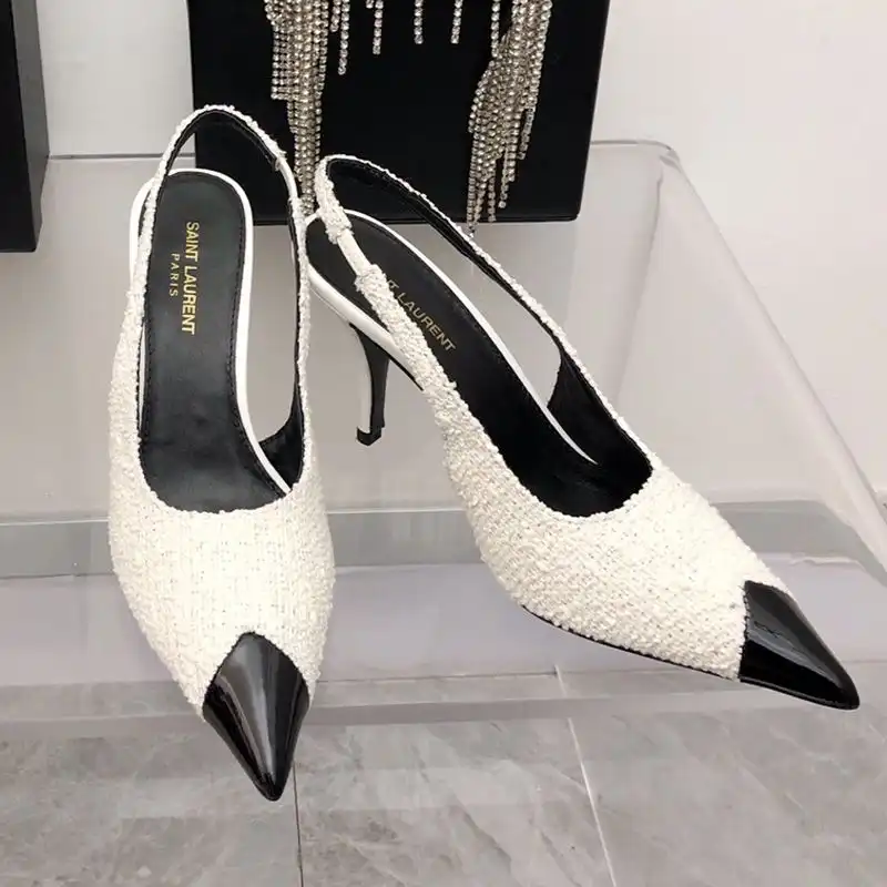 CHEAP Saint Laurent Vesper Slingback Pumps Women Tweed and Leather White