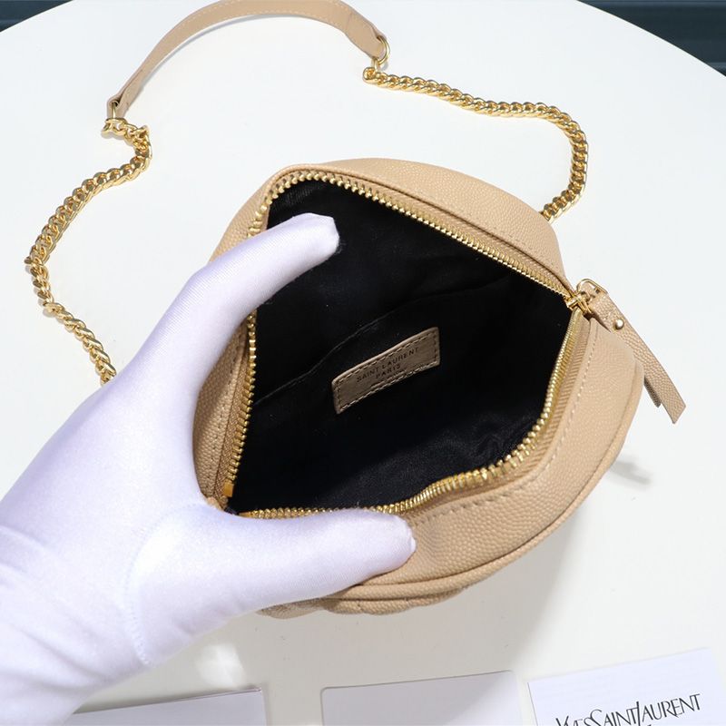 Saint Laurent Vinyle Round Camera Bag In Grained Matelasse Leather Apricot Gold