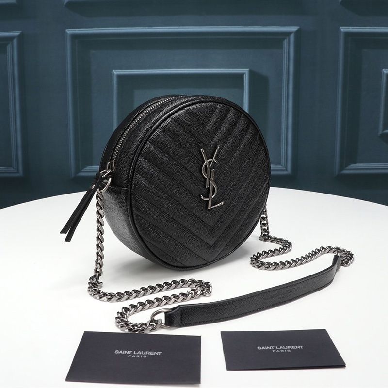 Saint Laurent Vinyle Round Camera Bag In Grained Matelasse Leather Black Silver