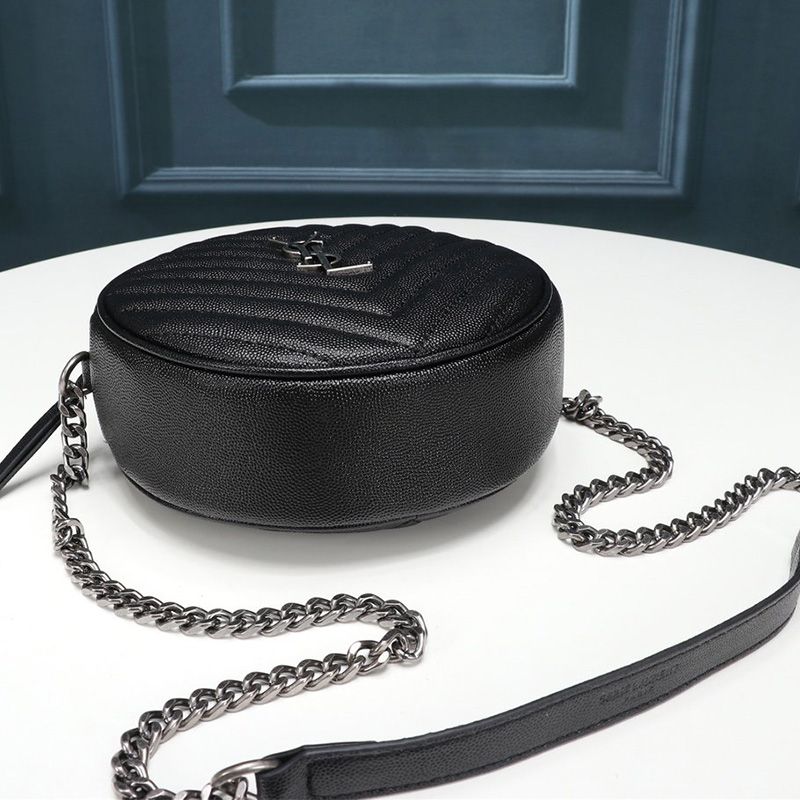 Saint Laurent Vinyle Round Camera Bag In Grained Matelasse Leather Black Silver