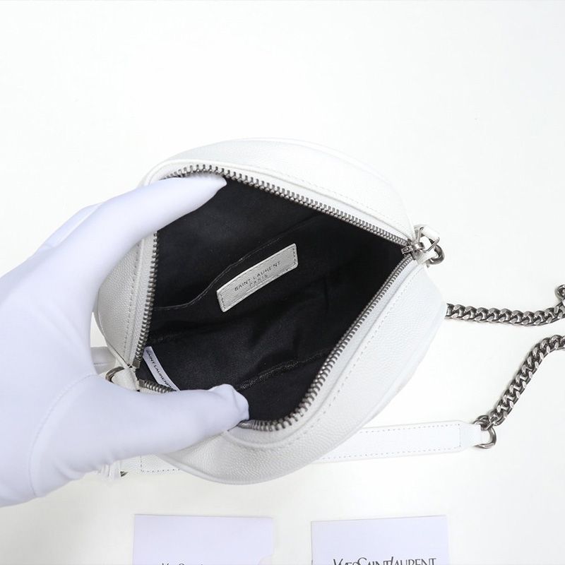 Saint Laurent Vinyle Round Camera Bag In Grained Matelasse Leather White Silver