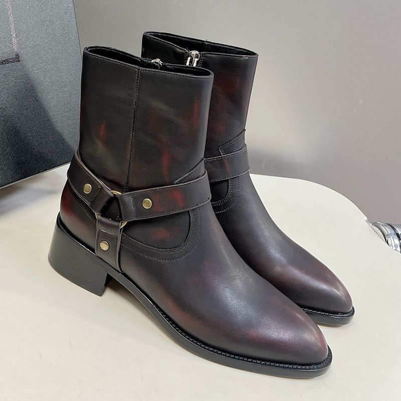 Saint Laurent Wyatt Harness Ankle Boots Women Smooth Leather Black Burgundy