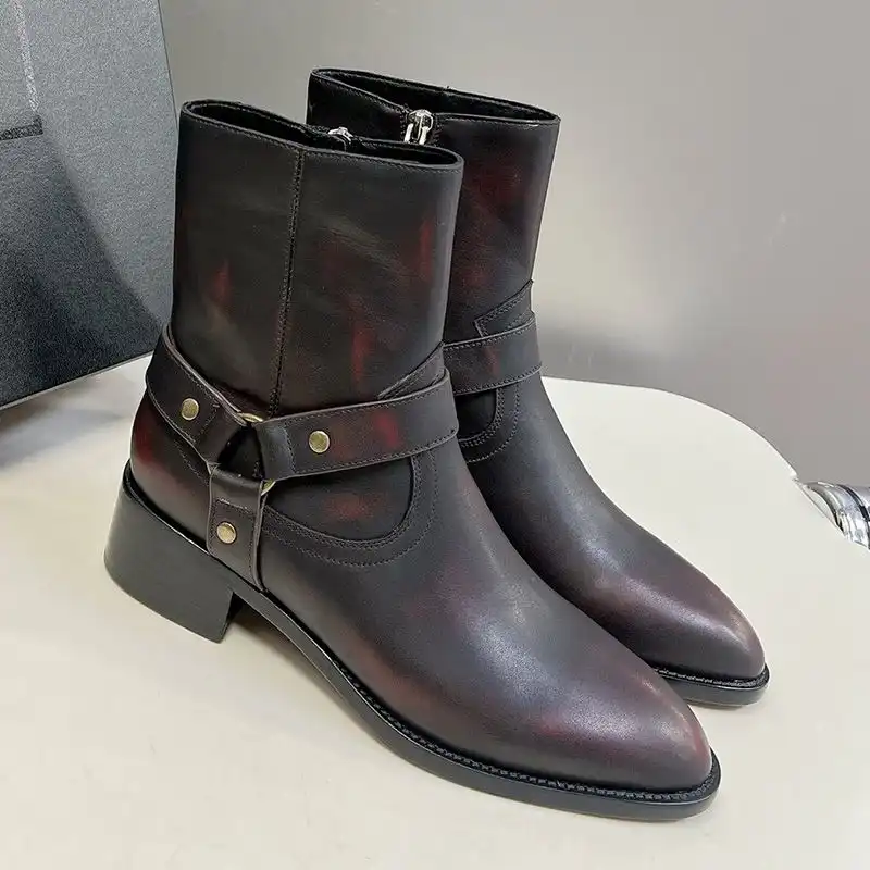 Cheap Saint Laurent Wyatt Harness Ankle Boots Women Smooth Leather Black Burgundy