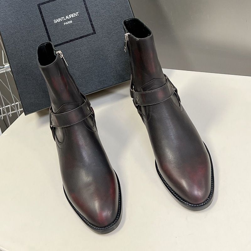 Saint Laurent Wyatt Harness Ankle Boots Women Smooth Leather Black Burgundy