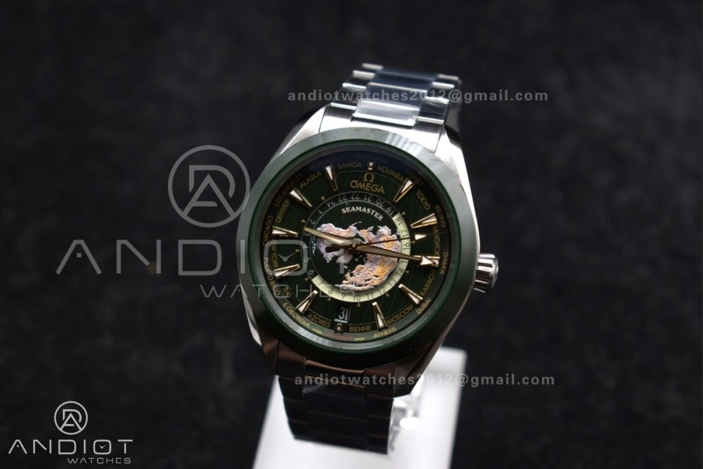 Aqua Terra GMT Worldtimer 43mm Green Ceramic VSF 1:1 Best Edition on SS Bracelet A8938 Super Clone