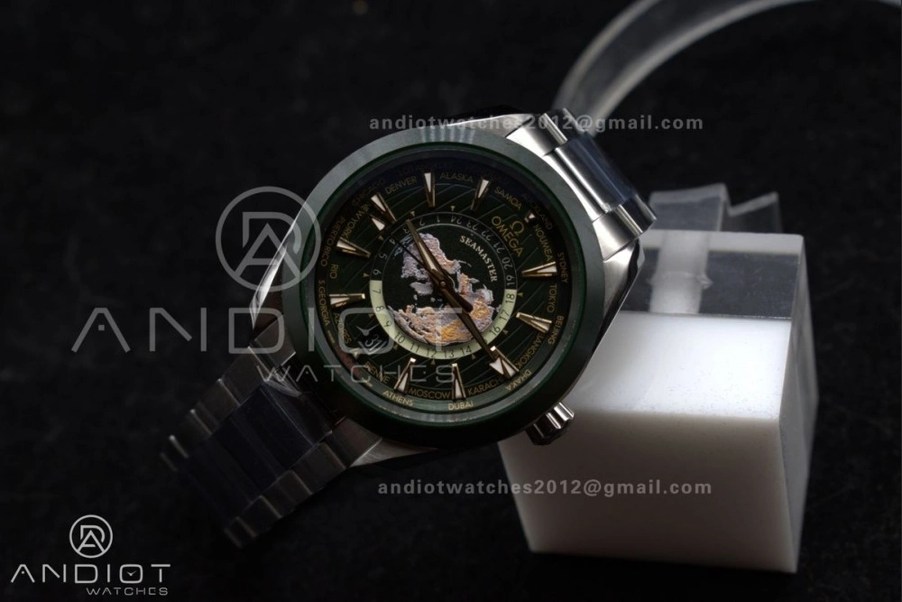 Aqua Terra GMT Worldtimer 43mm Green Ceramic VSF 1:1 Best Edition on SS Bracelet A8938 Super Clone