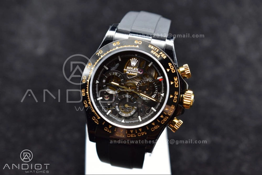 Blaken Daytona PVD Ceramic Bezel GETF Best Edition Skeleton Gold Dial on Black Rubber Strap SA4130