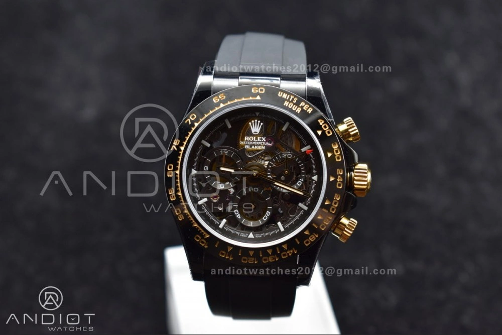 Blaken Daytona PVD Ceramic Bezel GETF Best Edition Skeleton Gold Dial on Black Rubber Strap SA4130