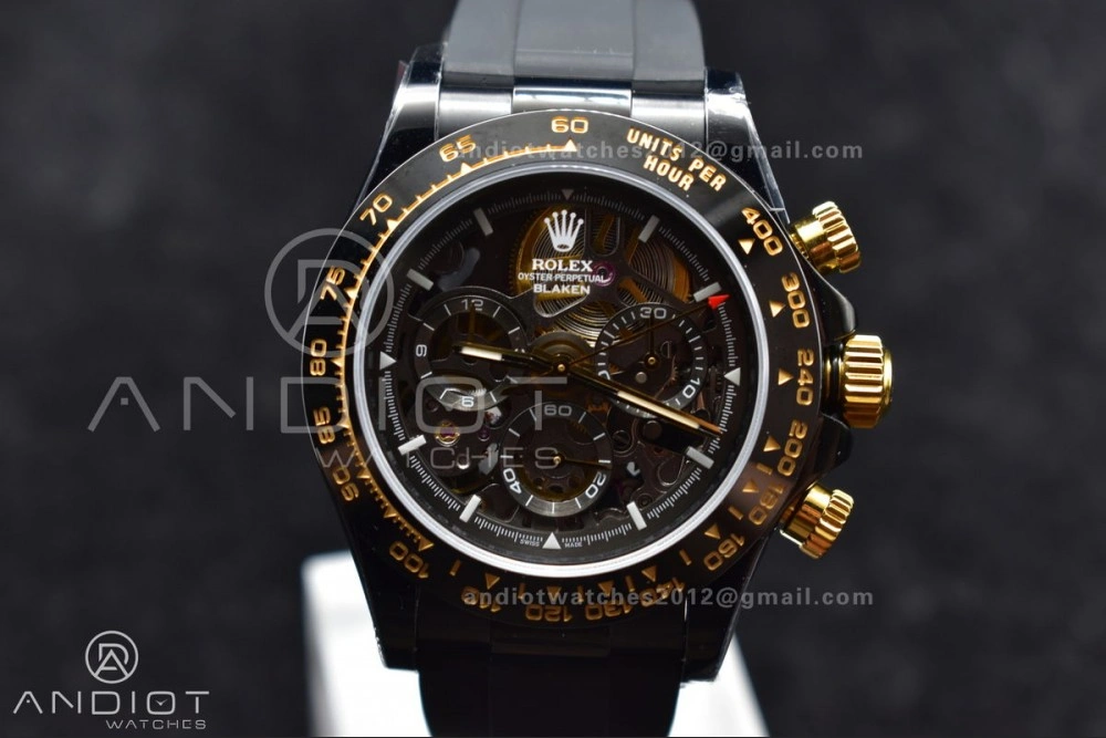 Blaken Daytona PVD Ceramic Bezel GETF Best Edition Skeleton Gold Dial on Black Rubber Strap SA4130