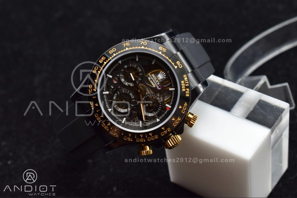 Blaken Daytona PVD Ceramic Bezel GETF Best Edition Skeleton Gold Dial on Black Rubber Strap SA4130