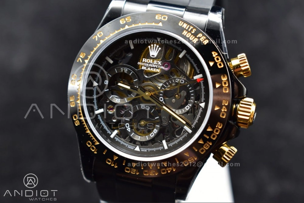 Blaken Daytona PVD Ceramic Bezel GETF Best Edition Skeleton Gold Dial on Black Rubber Strap SA4130
