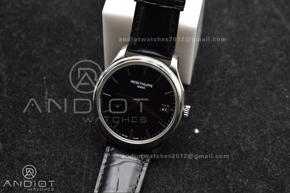 Calatrava 5227 SS 3KF 1:1 Best Edition Black Dial on Black Leather Strap A324 Super Clone V2