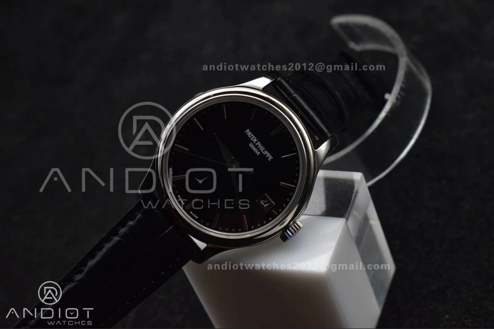 Calatrava 5227 SS 3KF 1:1 Best Edition Black Dial on Black Leather Strap A324 Super Clone V2
