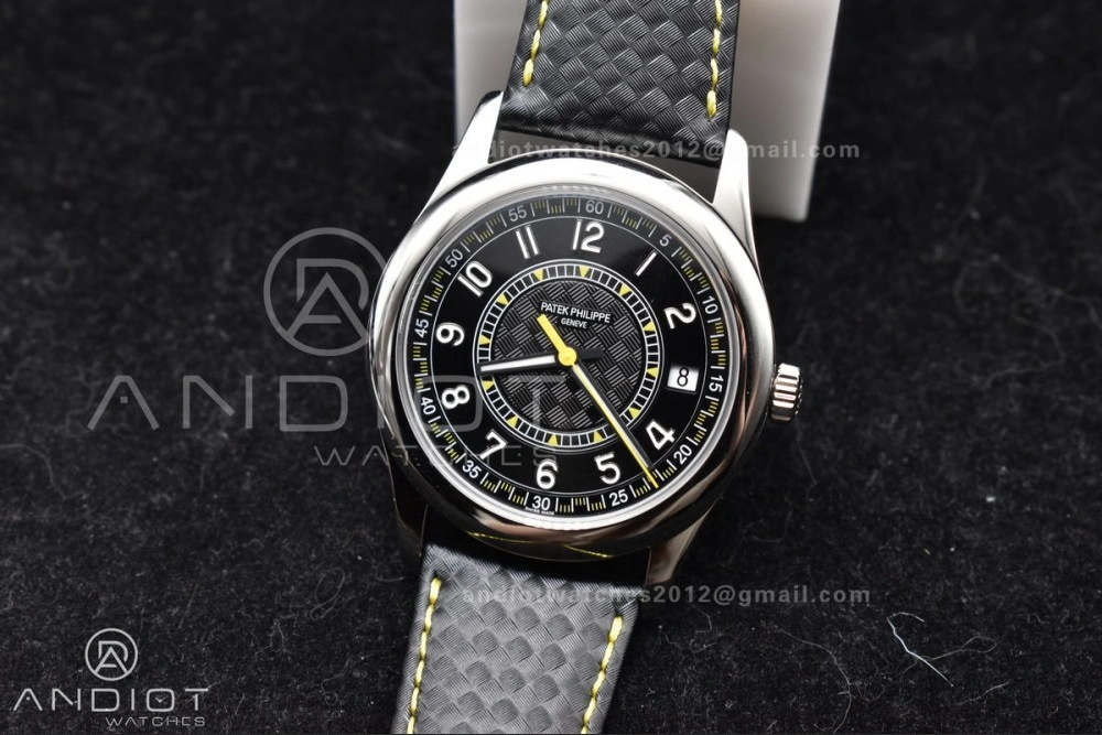 Calatrava 6007G SS PPF 1:1 Best Edition Black Yellow Dial on Black Leather Strap 330CS